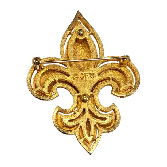 Vintage Signed CFW Gold Tone Fleur-De-Lis Brooch Pin Charles F Worth Statement - Picture 9 of 9
